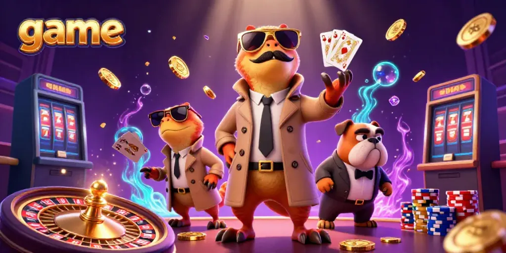 Engage in thrilling game action with cartoon raptors in a trench coat entering a VIP casino scene.