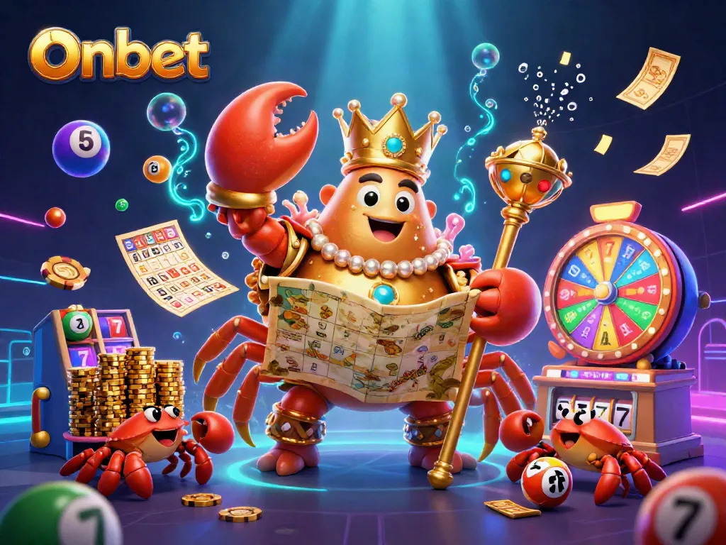 Engage with Onbet's vibrant casino scene featuring a golden crab emperor amidst lottery excitement and casino elements.