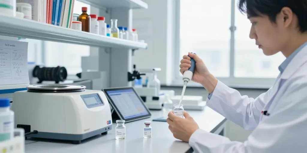 Lipo C peptide for sale showcased in a lab with a researcher preparing solutions, highlighting scientific precision.
