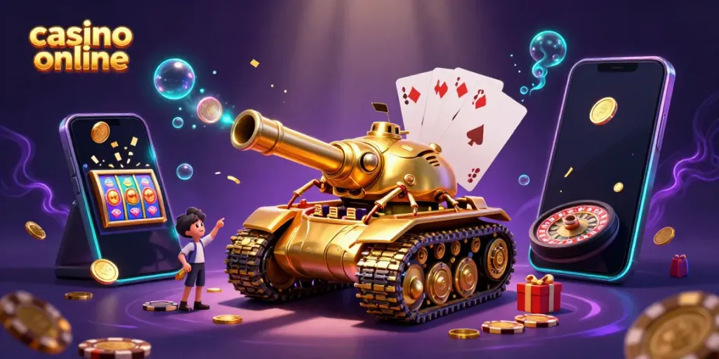 Engage in thrilling casino online games with a dynamic and colorful 3D scene of a golden tank revealing casino action.
