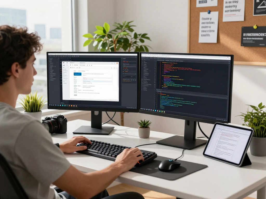 在现代科技工作空间中,一位软件工程师正在使用WPS Office下载进行编程,享受充满活力的工作氛围。