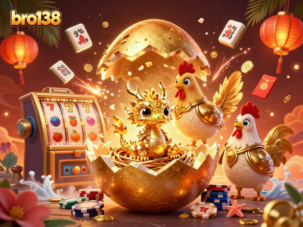 Experience thrilling wins with bro138 at this vibrant 3D casino scene filled with golden treasures.