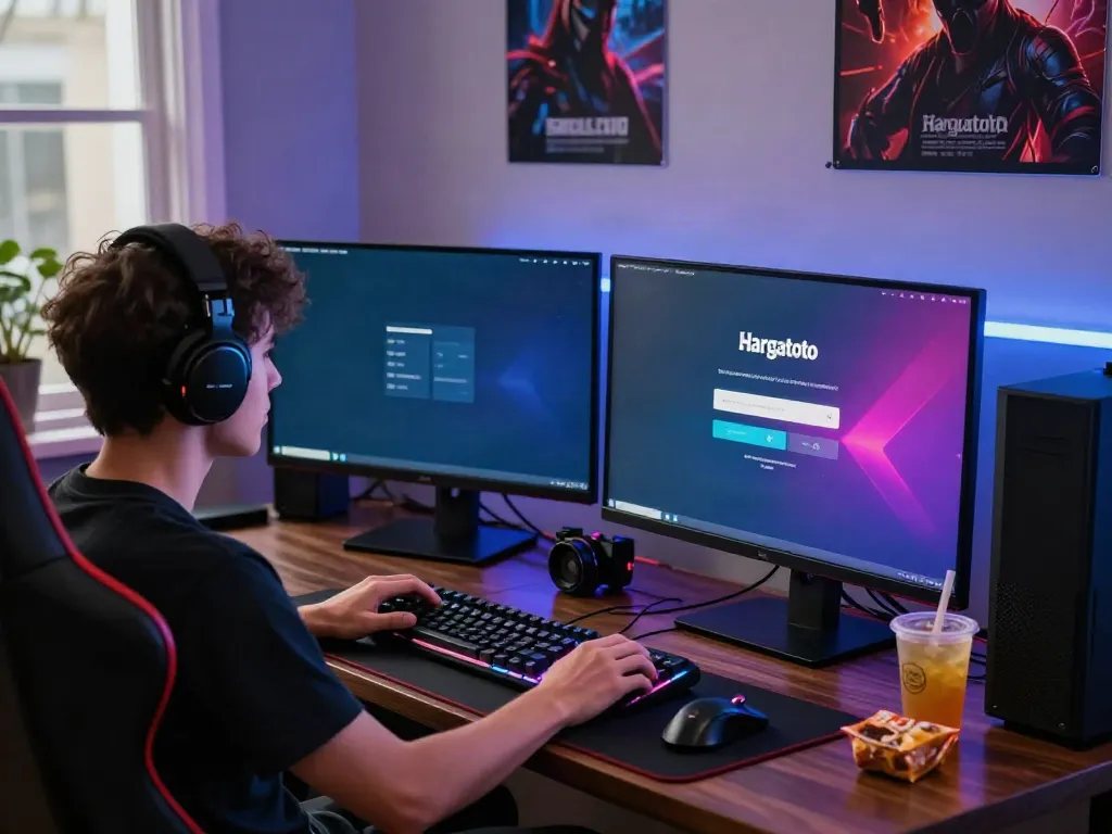 Player using hargatoto login on vibrant gaming setup with LED lights