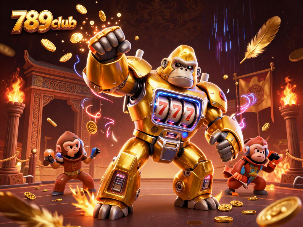 Engage in thrilling gameplay at 789club with a dynamic illustration of a golden gorilla mech and exciting casino elements.