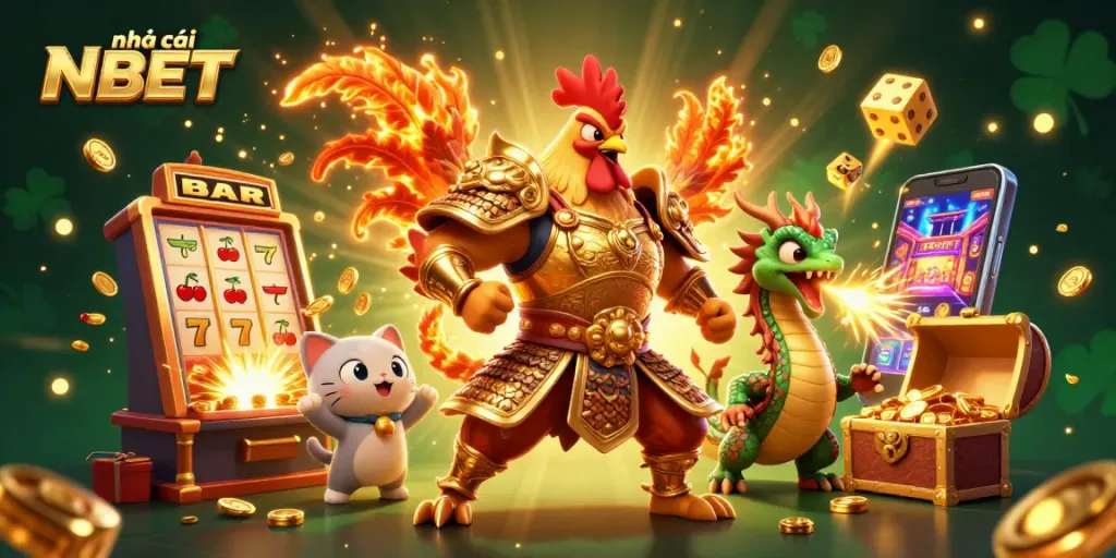 Experience exciting gameplay at nhà cái NBET with vibrant slot machines and cheerful characters.