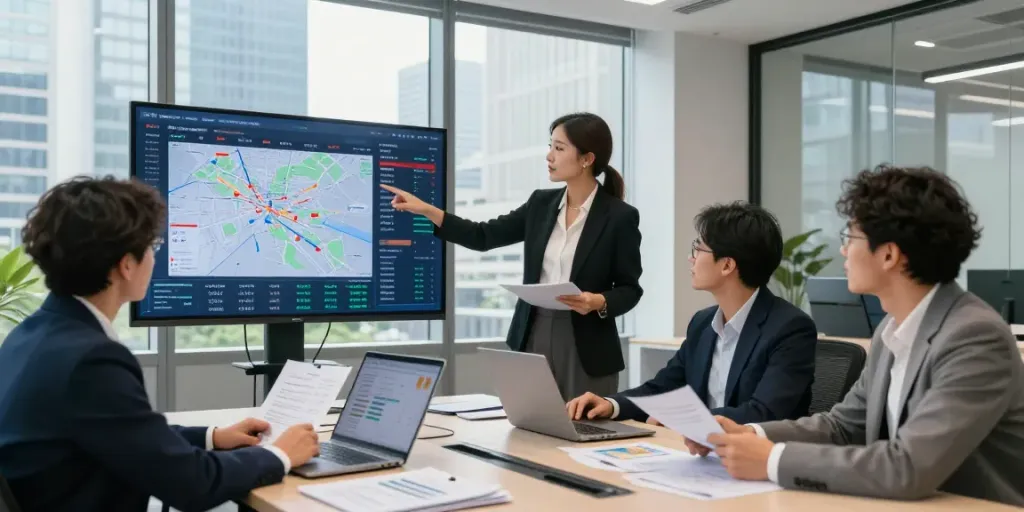 Analisis investasi properti komersial oleh tim profesional menggunakan aplikasi ajo88 di ruang kantor modern.