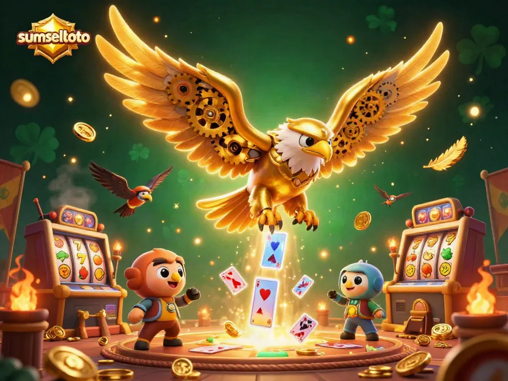 Sumseltoto showcases an electrifying casino scene with a mechanical golden eagle amidst vibrant playing cards, slot reels, and gold coins.