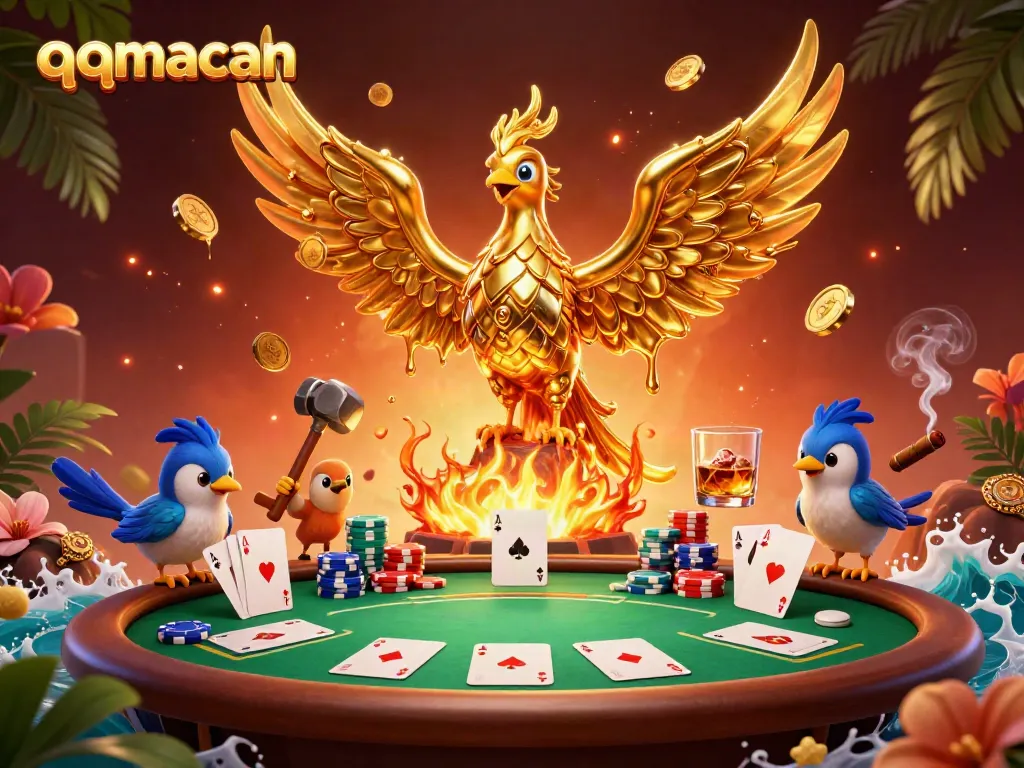 Experience the thrill of qqmacan with a golden phoenix emerging from a forge, as poker elements surround it.