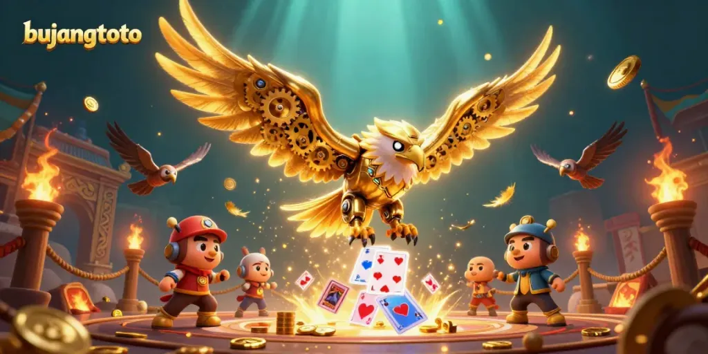 Bujangtoto transports players into a vibrant, dynamic casino atmosphere with a golden eagle and holographic cards.