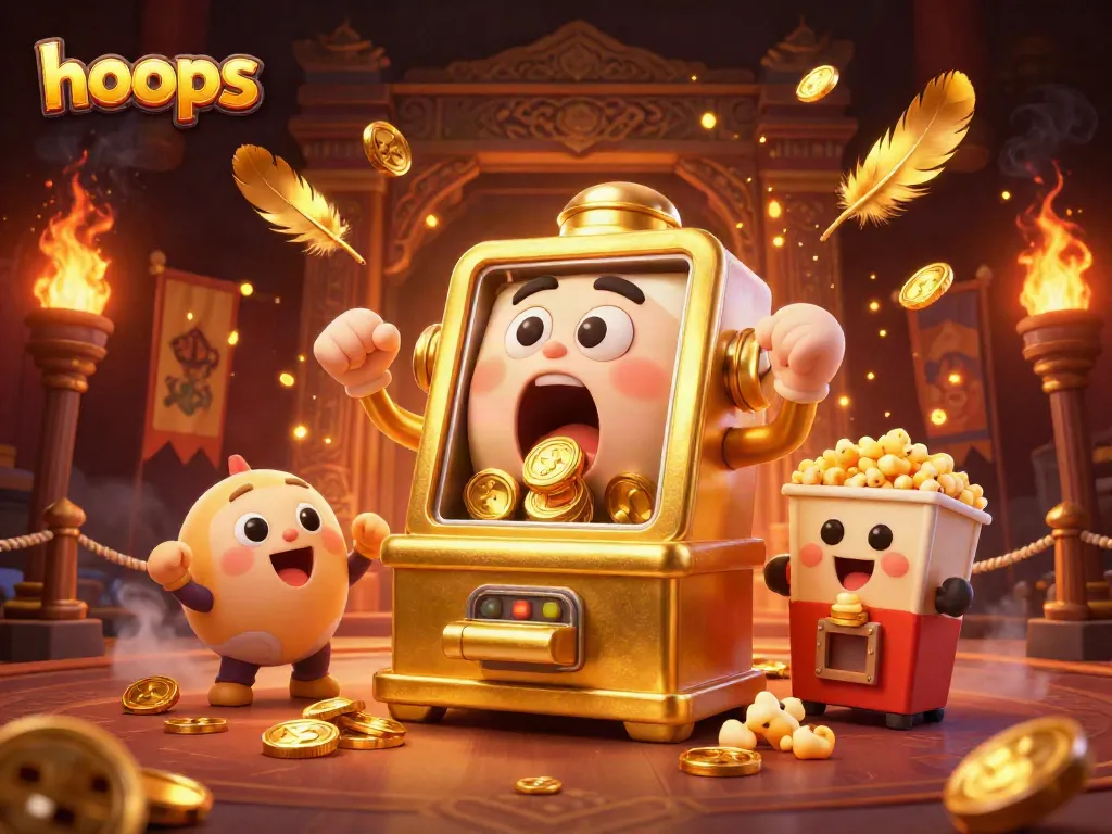 Hoops earning gold coins while celebrating jackpots in a vibrant, detailed casino scene.