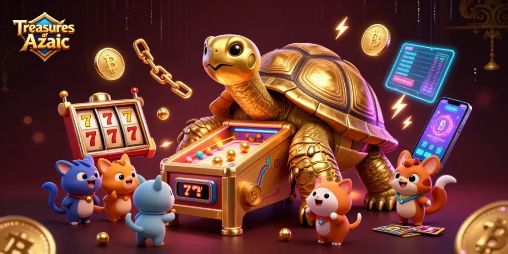 Treasures of Aztec slot game scene featuring a golden tortoise pinball machine and cryptocurrency elements.