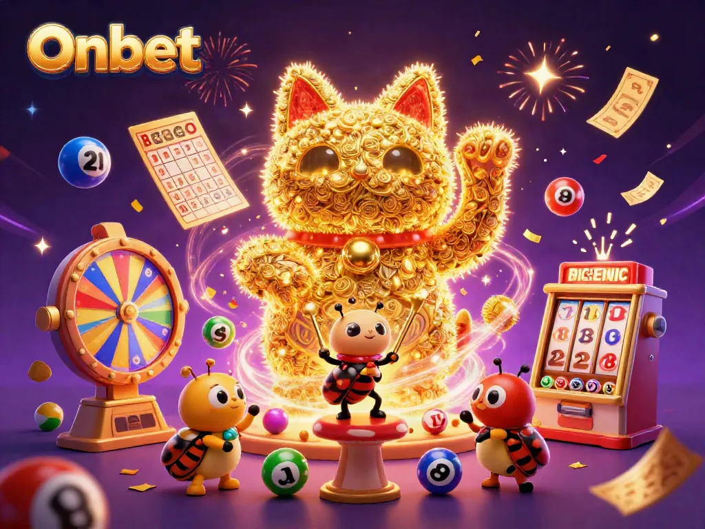 Join the Onbet lucky cat and fireflies in an exciting slot game adventure amidst vibrant casino elements.