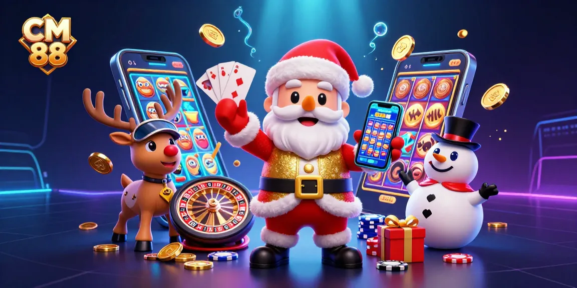 Engage with CM 88 slots experience alongside Santa, reindeer dealer, and poker chip snowman illustration.