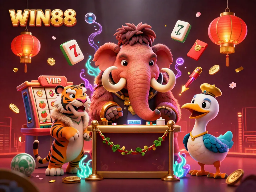 WIN88 showcases a lively casino scene with cartoon characters and vibrant gaming elements.