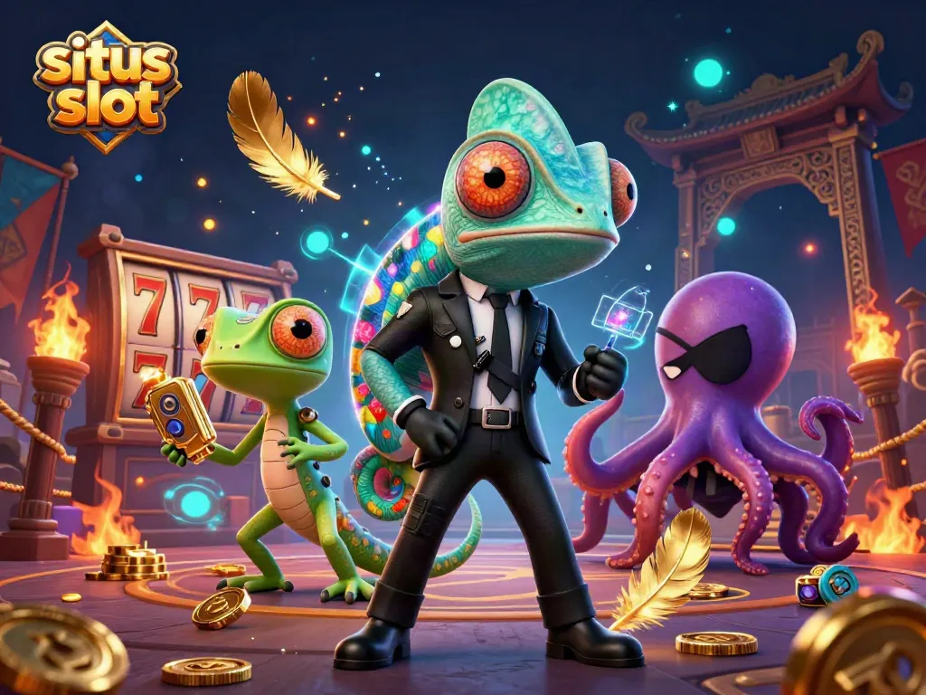 Mainkan situs slot dengan agen chameleon, gecko, dan gurita di latar belakang kasino digital penuh warna.