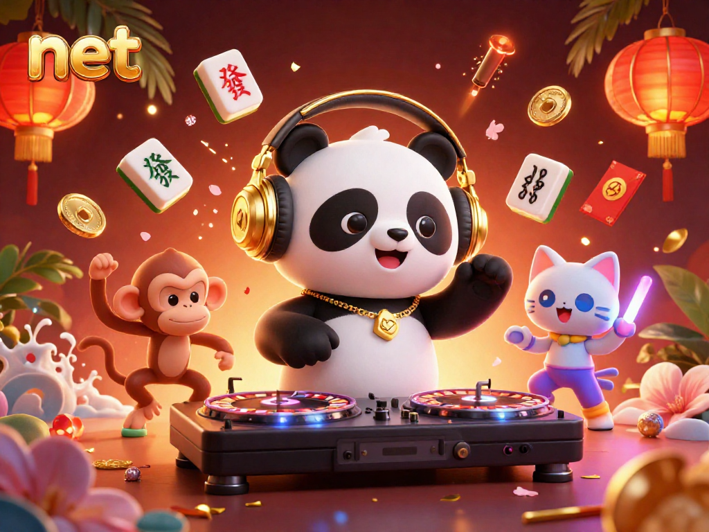 Experience thrilling online gaming fun with net's 3D DJ panda and friends in vibrant casino atmosphere.