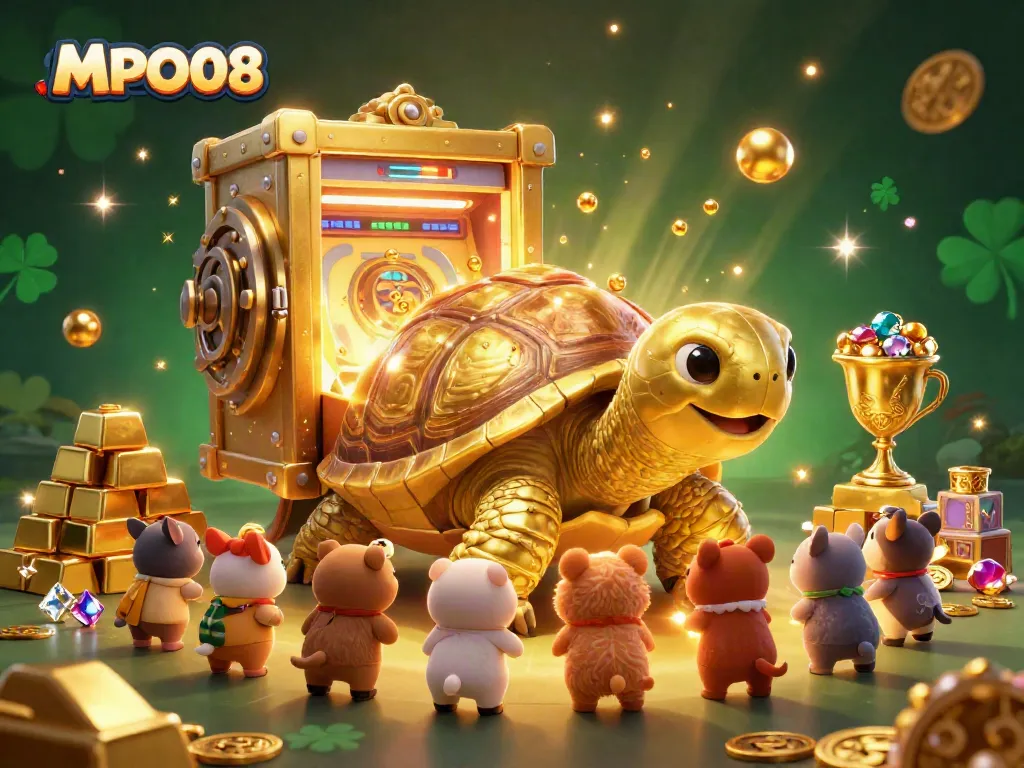 MPO08 showcases an exciting 3D casino scene with a golden tortoise pinball machine and vibrant treasure.