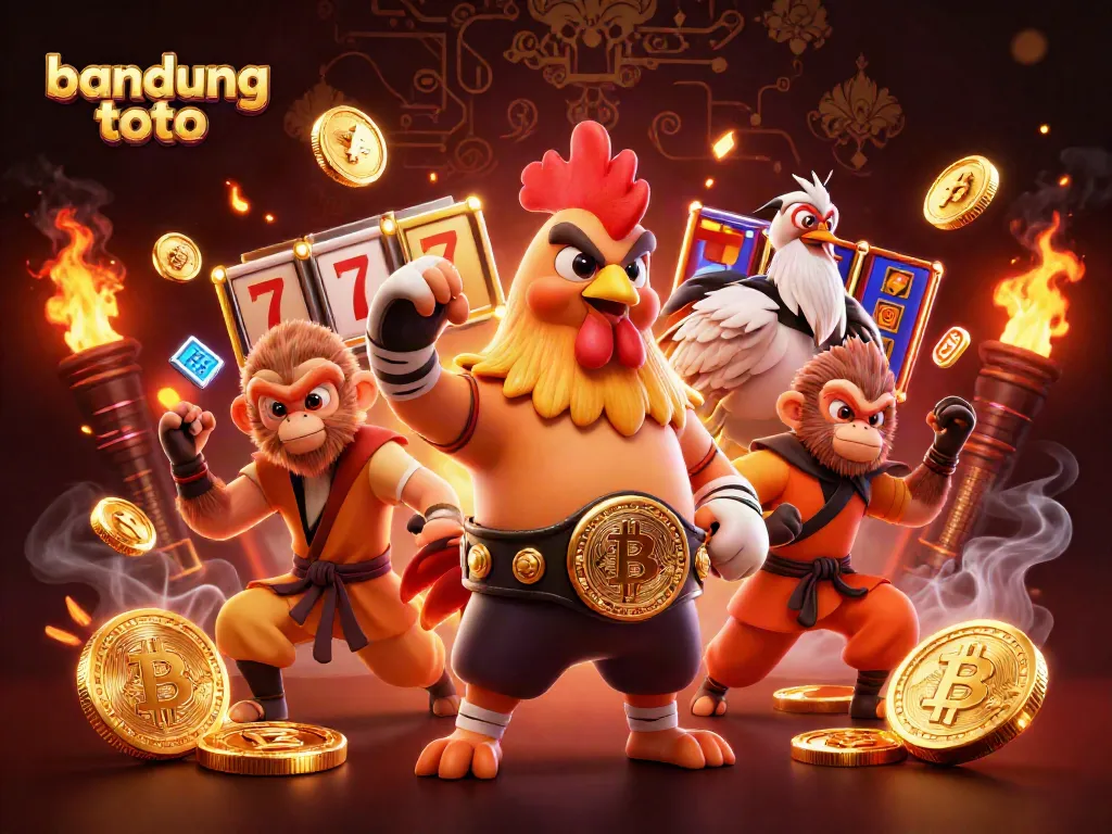 Engage in thrilling gameplay with bandung toto featuring a dynamic scene of a Muay Thai rooster, a Shaolin monkey, and a wise crane surrounded by glowing coins and slot reels.