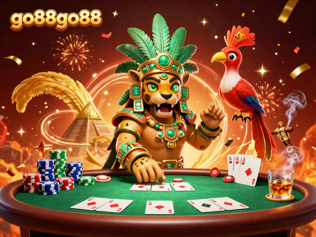 Engage with thrilling go88go88 casino gameplay featuring lively scenes of Mayan jaguar priest and poker elements
