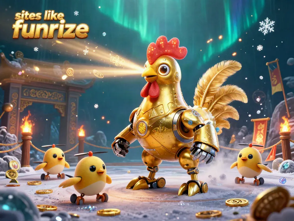 Experience the thrill of sites like funrize with a golden rooster robot and chick drones in a vibrant casino scene.