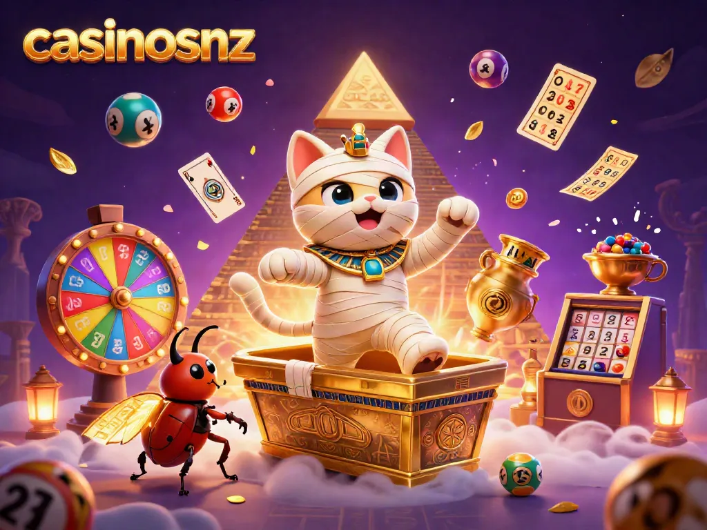 Experience the thrill of casinosnz with the Egyptian mummy cat and vibrant gaming elements.