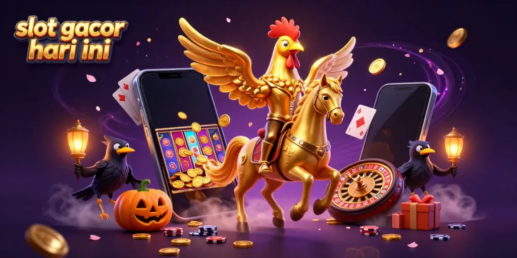 Experience slot gacor hari ini with a golden rooster headless horseman in a vibrant casino scene