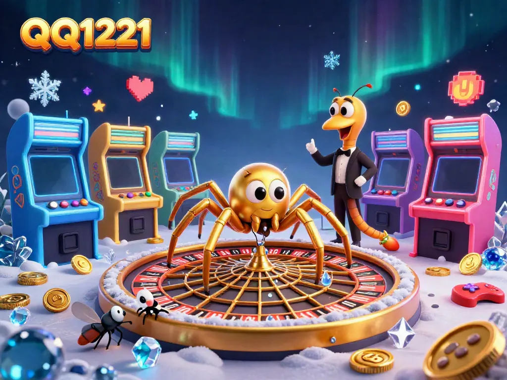Engage in thrilling bets at QQ1221 with a dynamic casino-themed 3D illustration showcasing vibrant gaming elements.