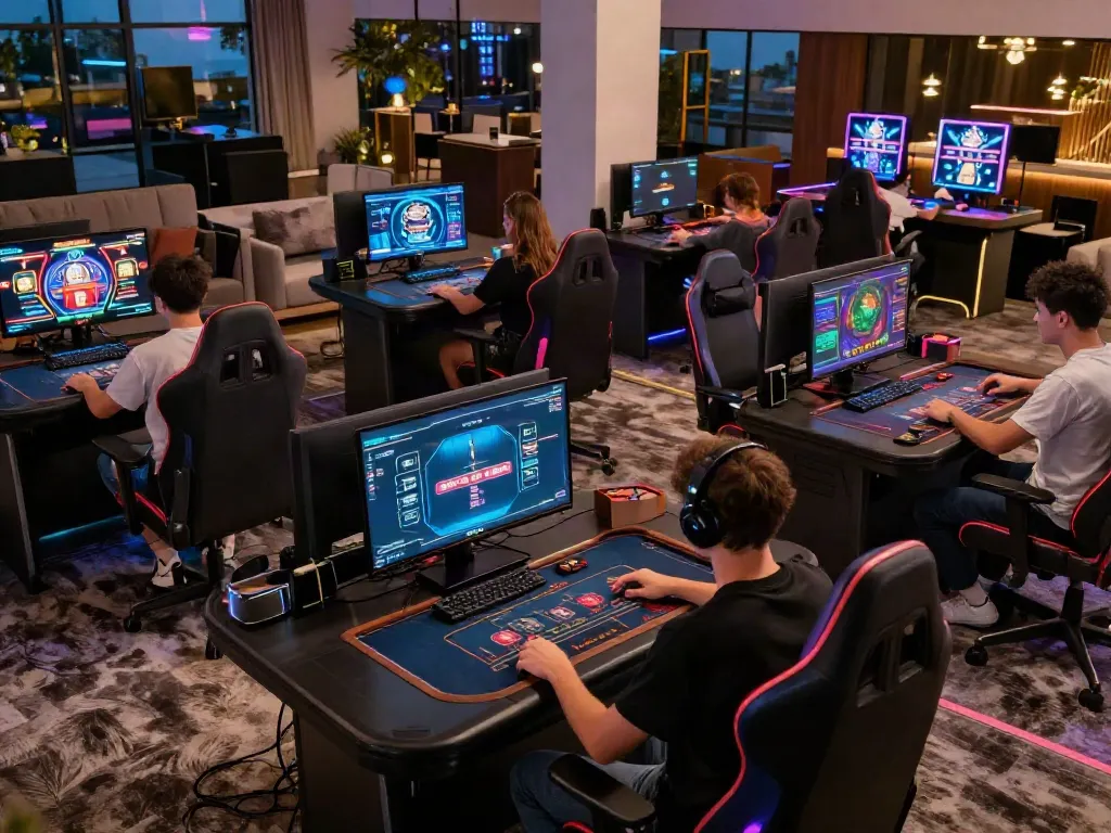 Luxury12 gaming scene featuring players enjoying a vibrant online gaming environment with engaging displays and an elegant ambiance.