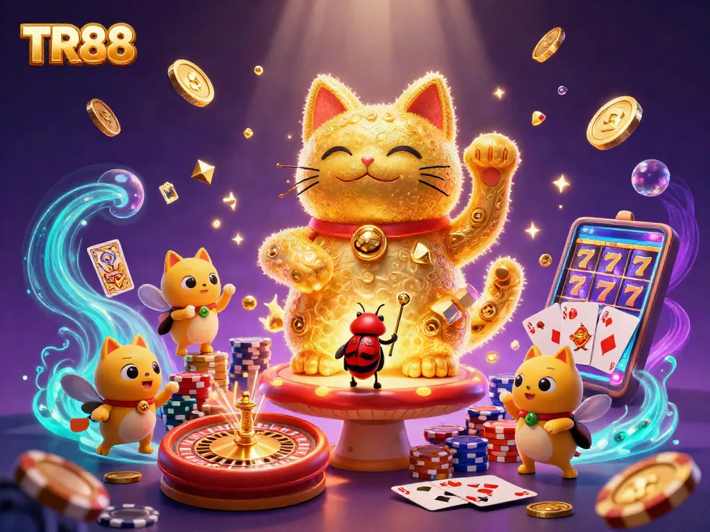 Experience TR88's thrilling casino magic with golden fireflies and vibrant game symbols.