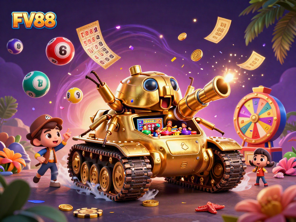 Experience thrilling action with FV88's vibrant casino scene featuring lottery elements and dynamic gaming excitement.