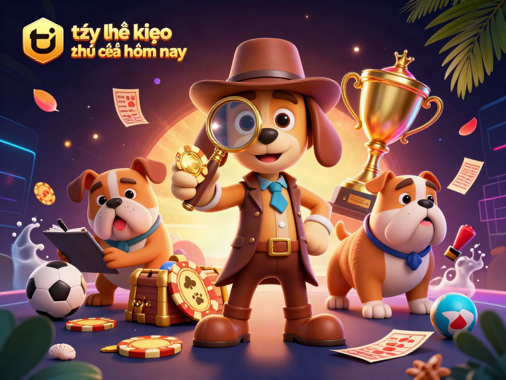 Engage with tỷ lệ kèo nhà cái hôm nay in this colorful scene featuring a detective and companion surrounded by sports and betting elements.