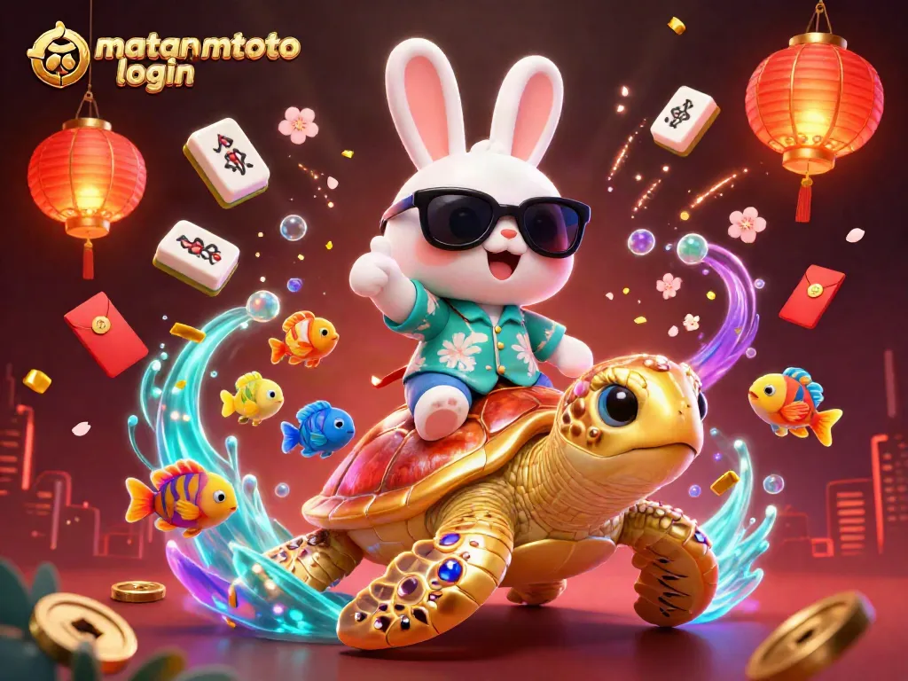 Experience winning with mataramtoto login featuring a cartoon rabbit and golden turtle in a vibrant casino scene.