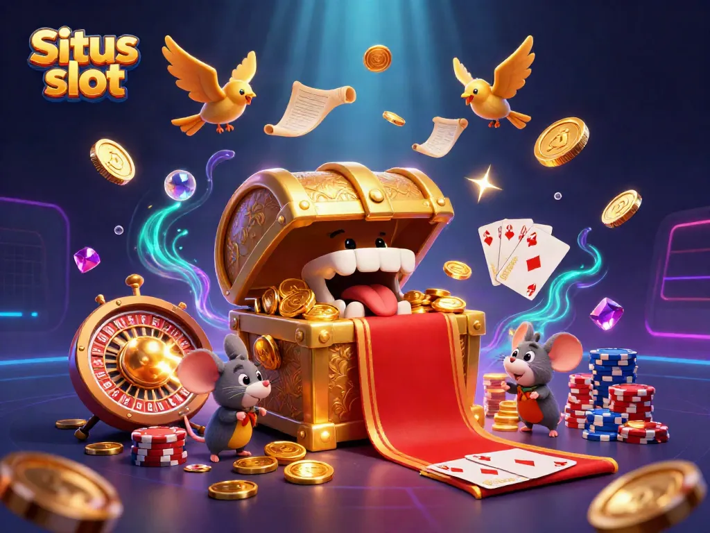 Engage in thrilling Situs slot gameplay with dynamic 3D visuals, showcasing features like cascading coins and vibrant poker chips.