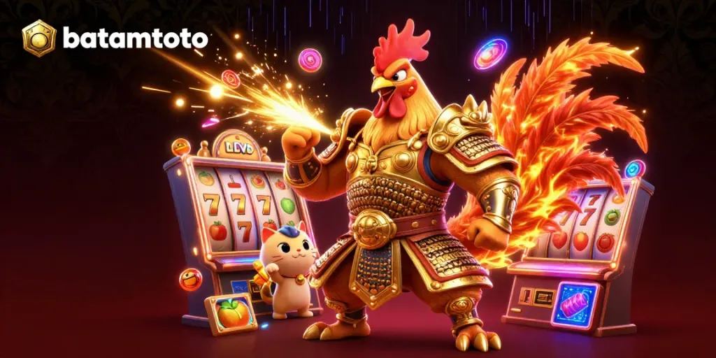 Experience the thrill of batamtoto with a cartoon rooster and dragon amid vibrant slots action.