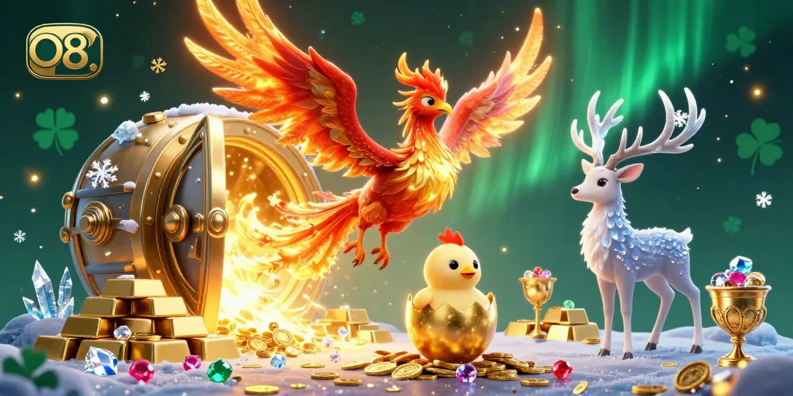 Engage with O8's opulent gaming world featuring a phoenix, gold treasures, and vibrant gems.