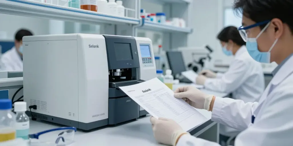 Research professionals analyzing Selank for sale in a modern laboratory setting.