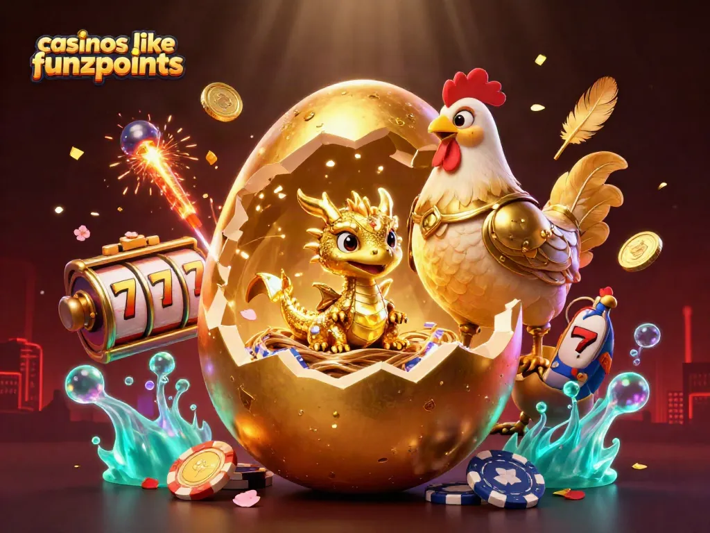 Spin and win at casinos like Funzpoints with thrilling golden dragon and slot reels illustration.