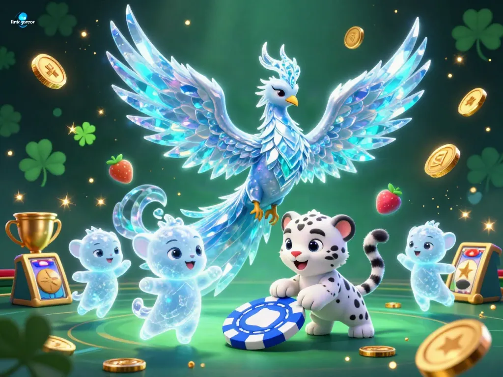 Experience link gacor's unique casino atmosphere with an illustration showcasing a magical ice phoenix amidst vibrant slot machines.