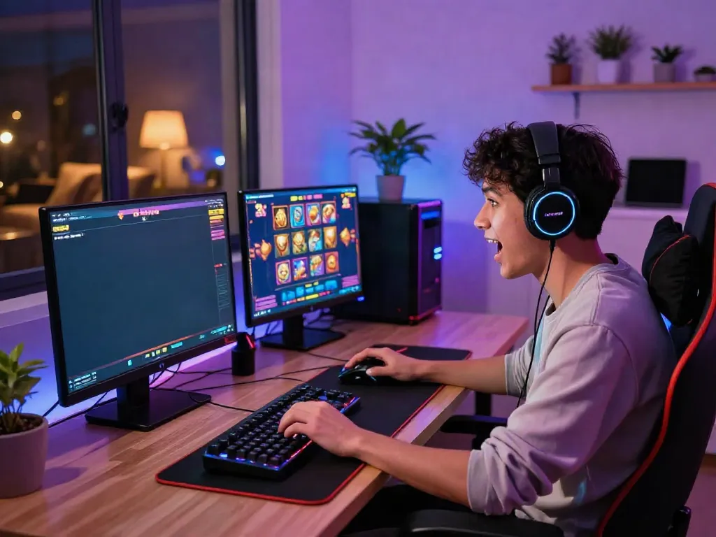 Engaged player enjoying slot gacor thailand games at a vibrant desk setup.