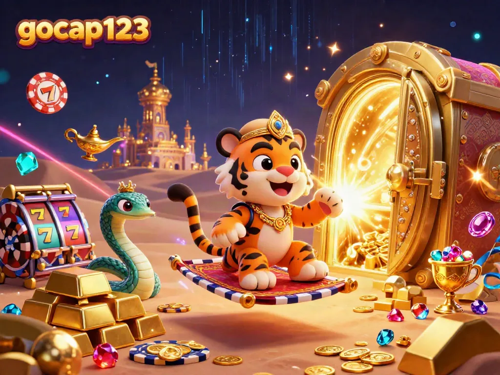 Gocap123 menawarkan aksi seru dengan beragam slot, berlian, dan peti harta karun di pemandangan penuh warna.
