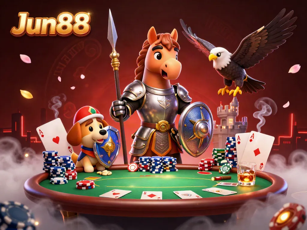 Experience thrilling gameplay at Jun88, featuring a knight, a puppy, and a falcon amidst poker elements.