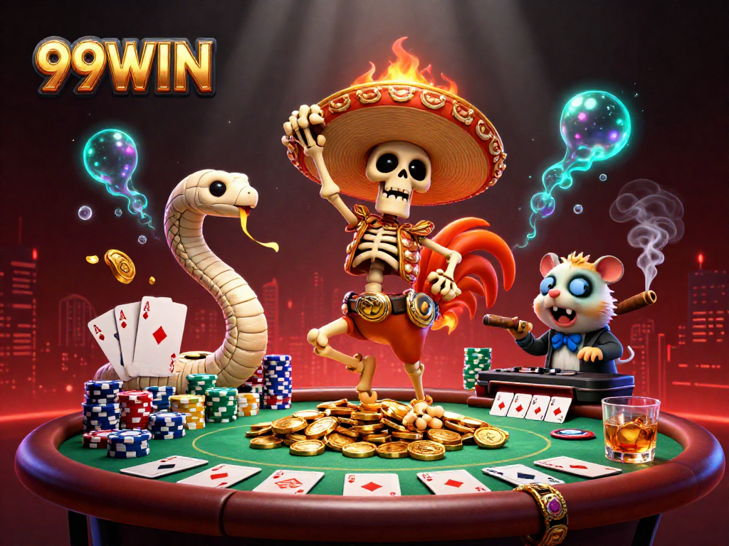 Experience thrilling victories at 99WIN with a vibrant casino scene featuring a cartoon rooster, poker elements, and golden coins.