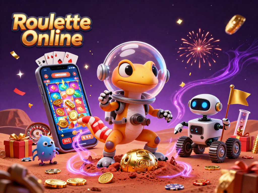 Experience Roulette Online with vibrant 3D characters and casino elements in a cosmic scene.