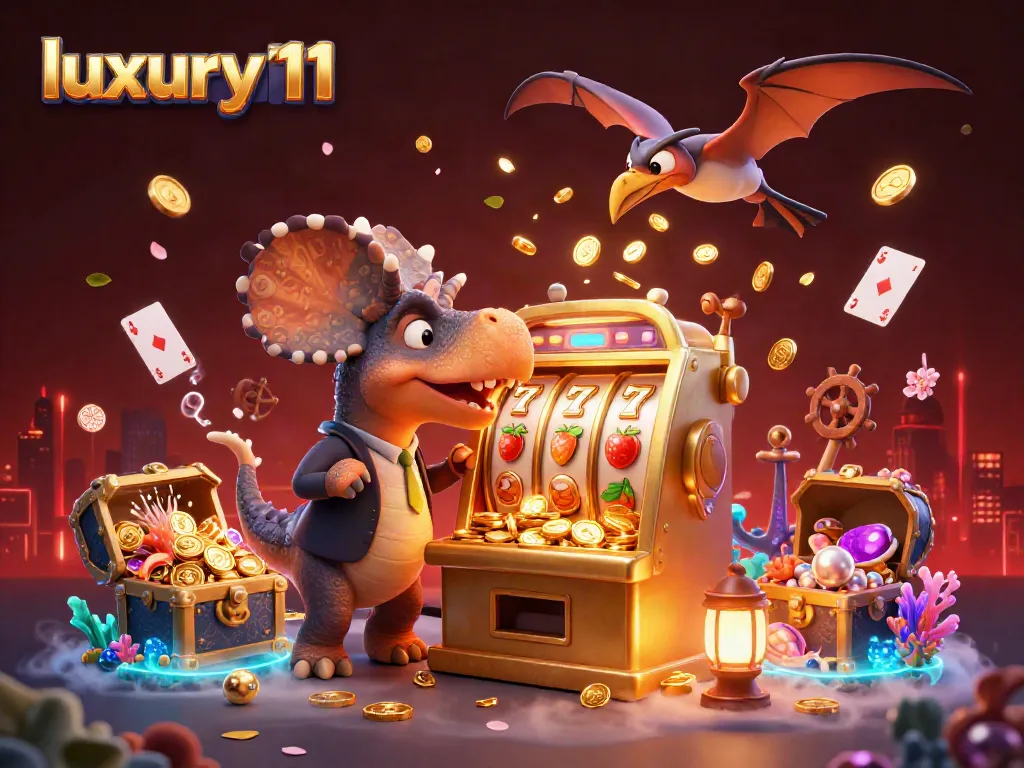 luxury111 triggers a jackpot with a pachycephalosaurus at a vibrant casino, surrounded by coins and fun symbols