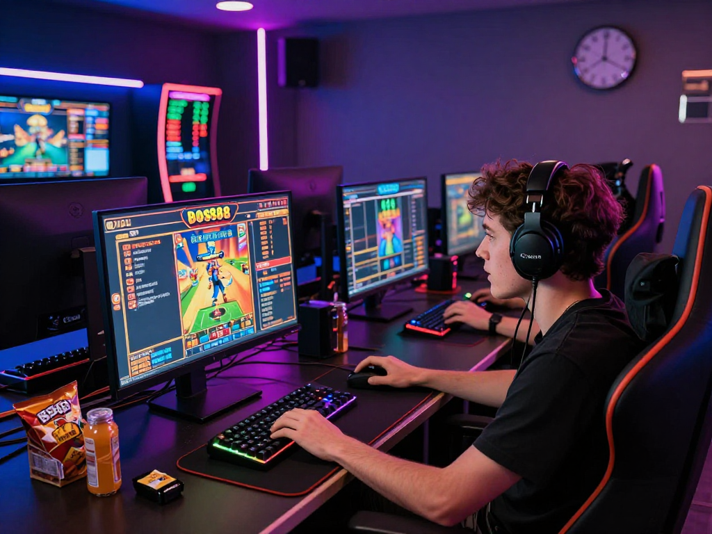 Permainan bos88 slot yang menarik di studio game modern dengan grafis cerah dan suasana yang energik.
