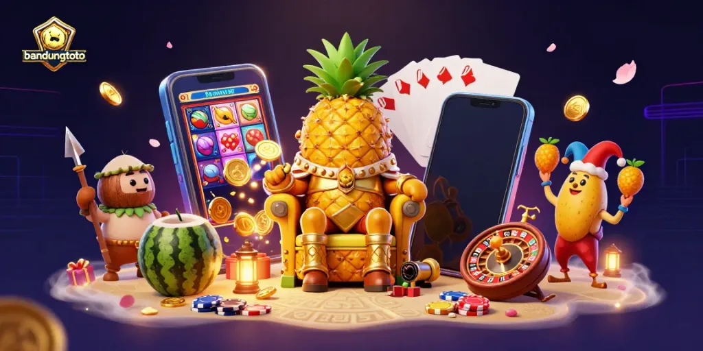 Experience the excitement of bandungtoto with a vibrant casino scene featuring a golden pineapple king, games, and treasures.