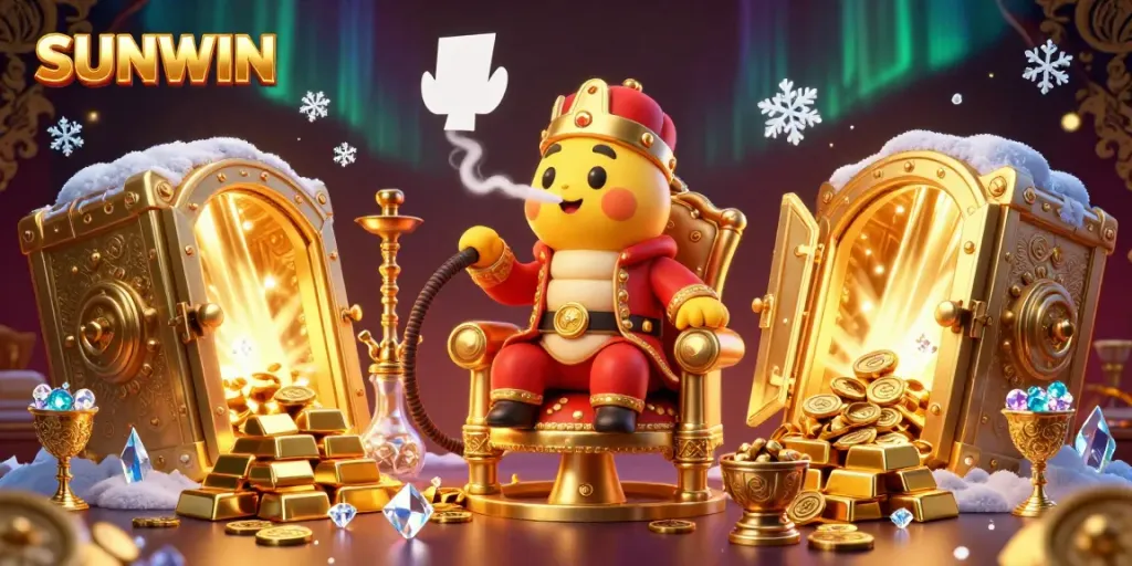 SUNWIN casino scene featuring an enormous caterpillar sultan and treasure elements celebrating big wins in a vibrant setting.