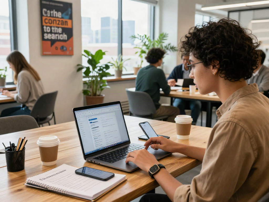 Job seeker engaged in หางาน search at modern co-working space with laptop and colleagues.