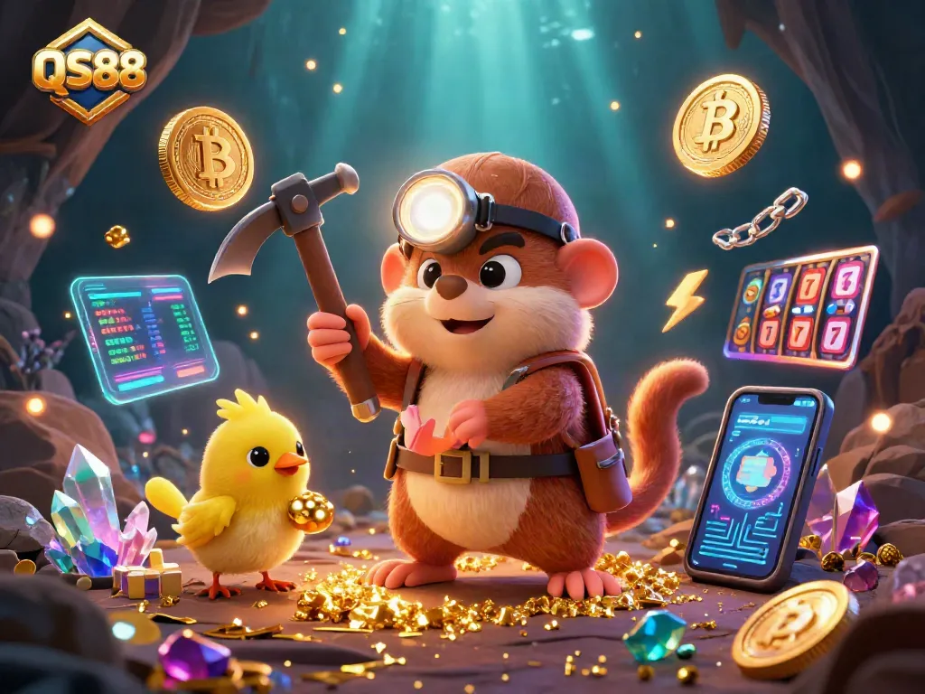 Experience exciting gaming action in QS88 with treasure hunter mole and coins in a vibrant casino scene.