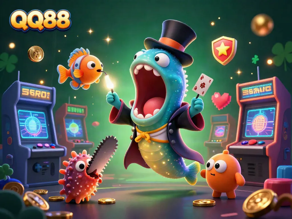 Engage with QQ88's vibrant 3D casino scene of magical fish performing and gaming excitement.